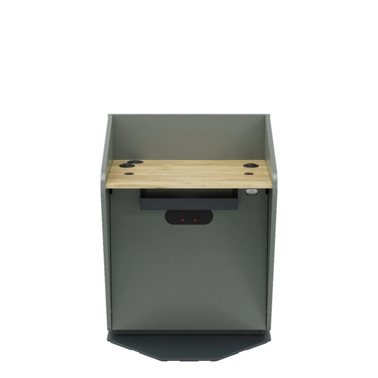 H.A.L. height adjustable lectern with mobile wheels - front on with cable tray and microphone mounts