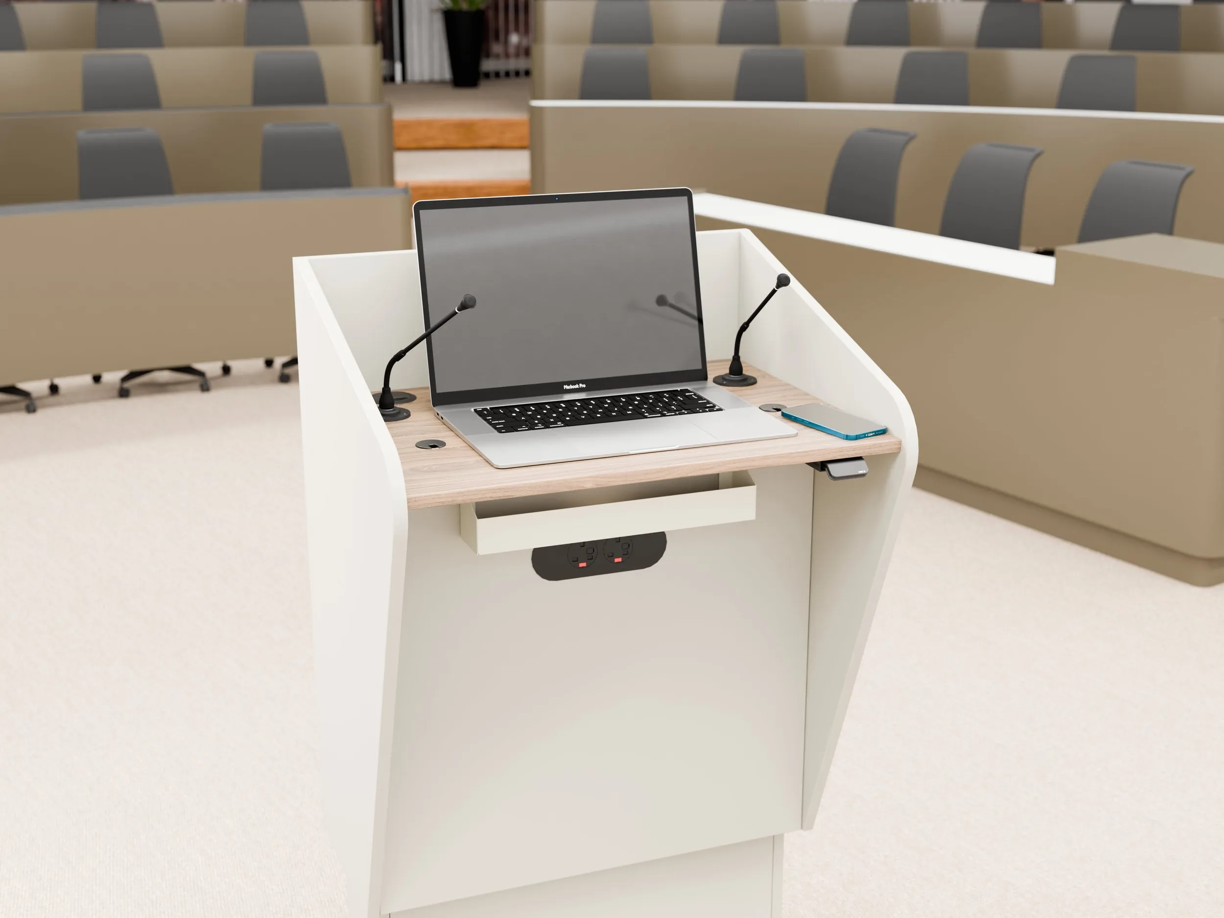 H.A.L. lectern with a laptop and AV equipment on show