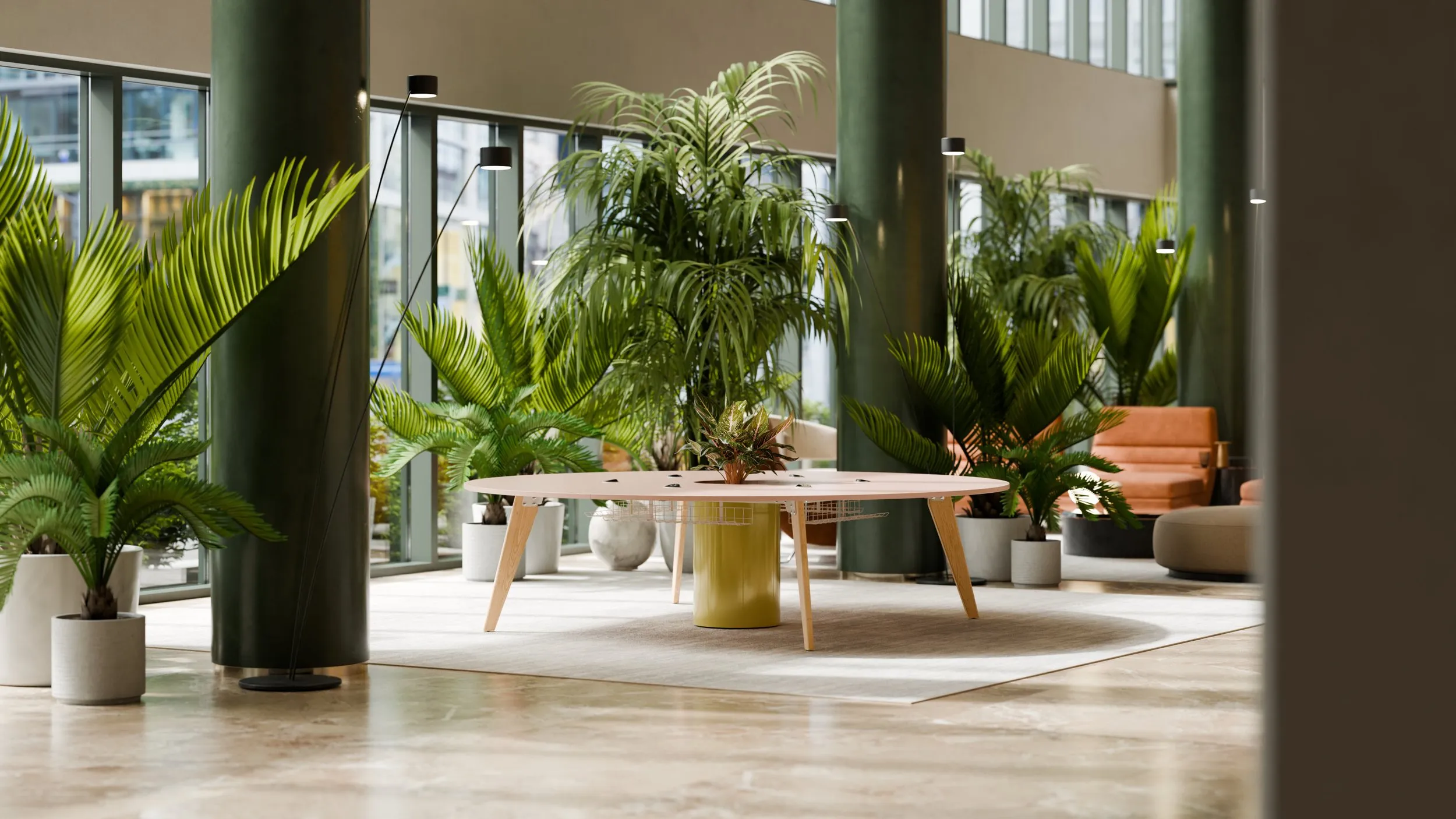 Orbital biophilic meeting table with integrated plants - sustainable office furniture London