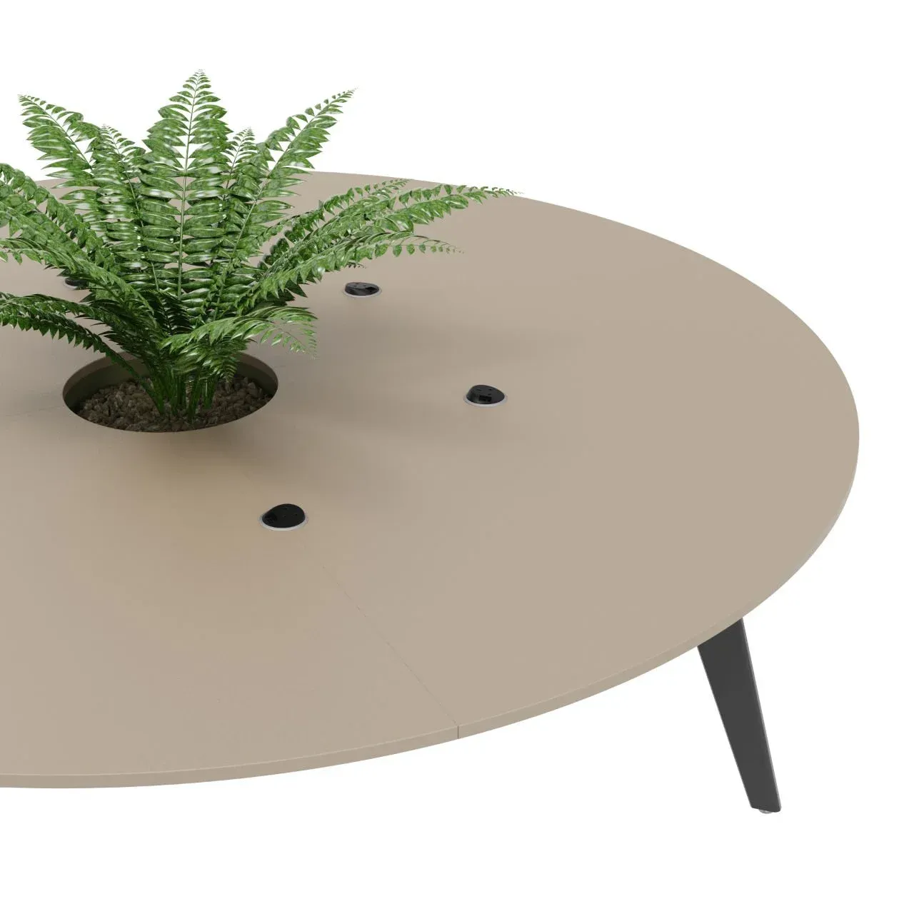 Orbital table close-up of central planter with lush greenery