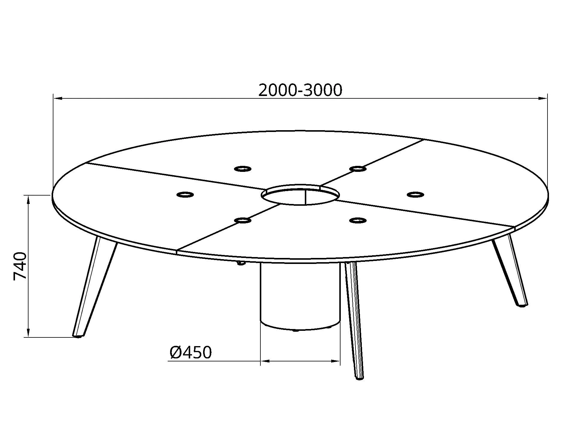 Orbital table technical dimensions diagram showing diameter, height and planter measurements