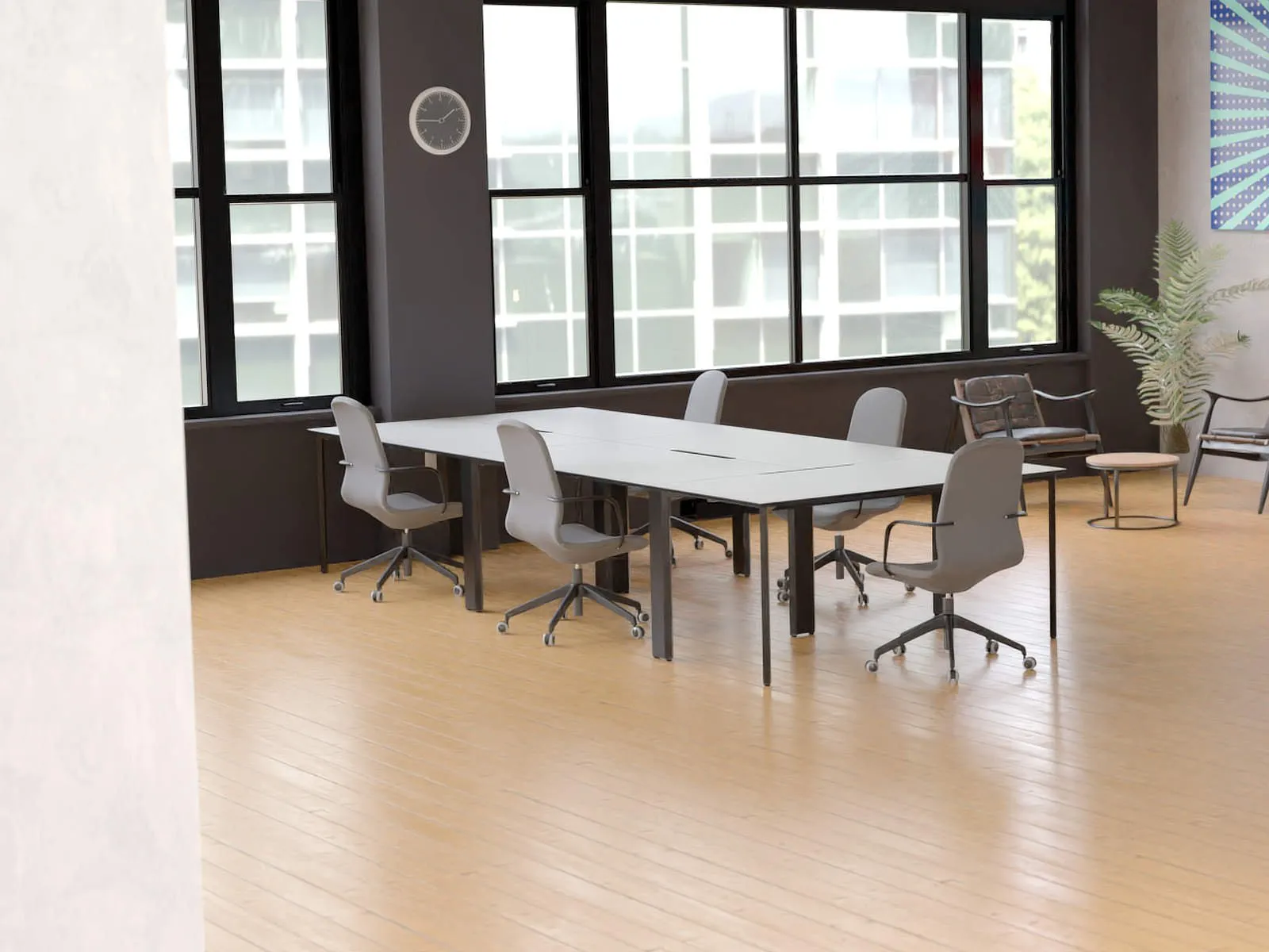 Recon desk in co-working environment with black frame and grey top