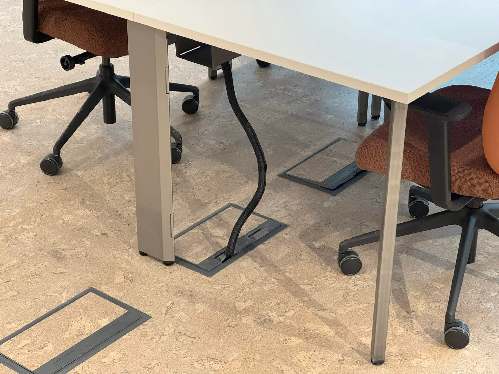 Recon desk clip-on cable management tray in raw steel finish